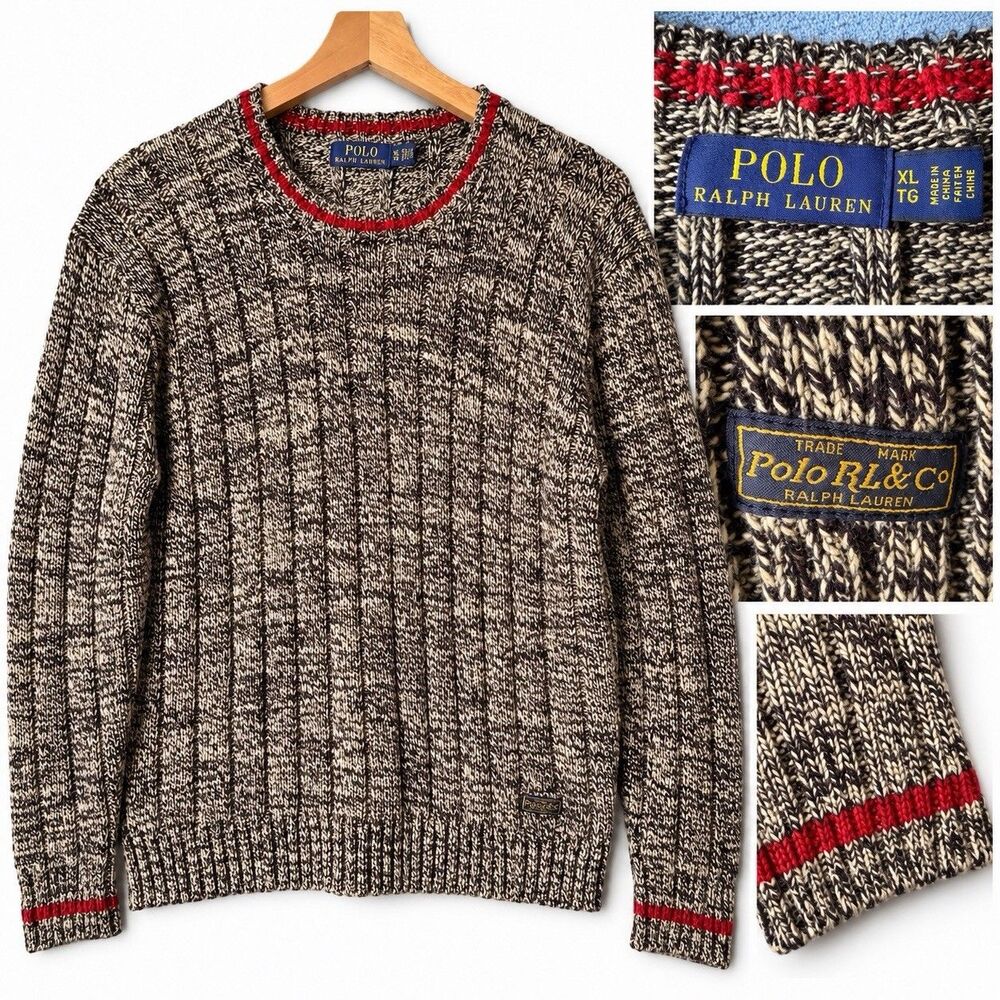 Polo Ralph Lauren Mens XL Marled Cable Knit Sweater Crewneck Red Trim Preppy